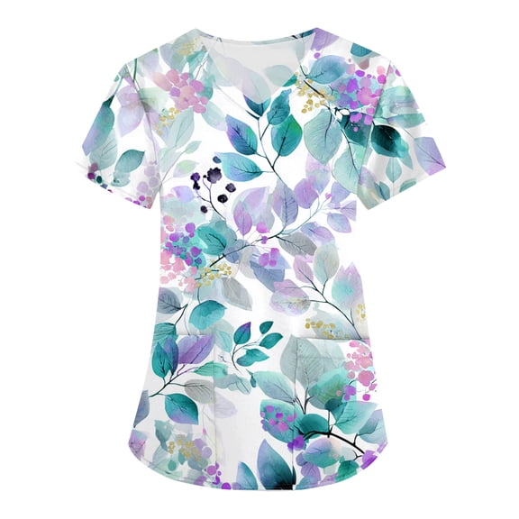 AHMOMEI Cartoon Print Women Scrub Tops V Neck Short Sleeve Nurse Uniforms with Pocket S-5XL Plus Size Women Scrub Top