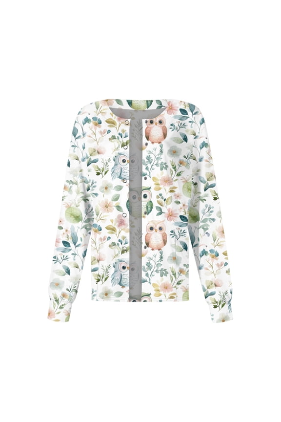 Cartoon Print Womens Scrub Jacket Warm Up Snap Front Nurse Uniform with Pocket S-5XL Plus Size Womens Scrub Top