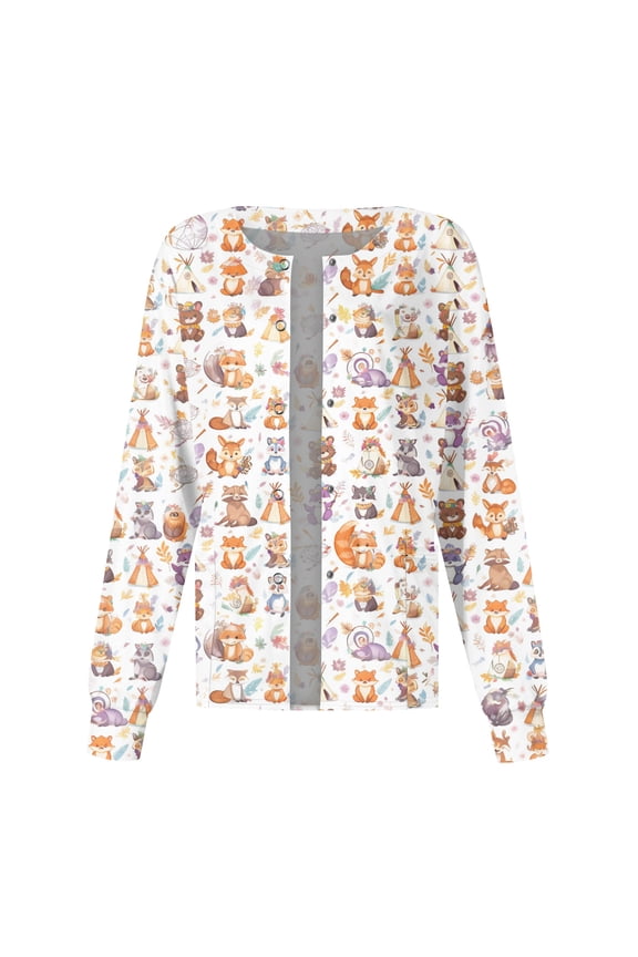 Cartoon Print Womens Scrub Jackets Warm Up Snap Front Women’s Nurse Uniforms with Pocket S-5XL Plus Size Scrubs Tops for Women