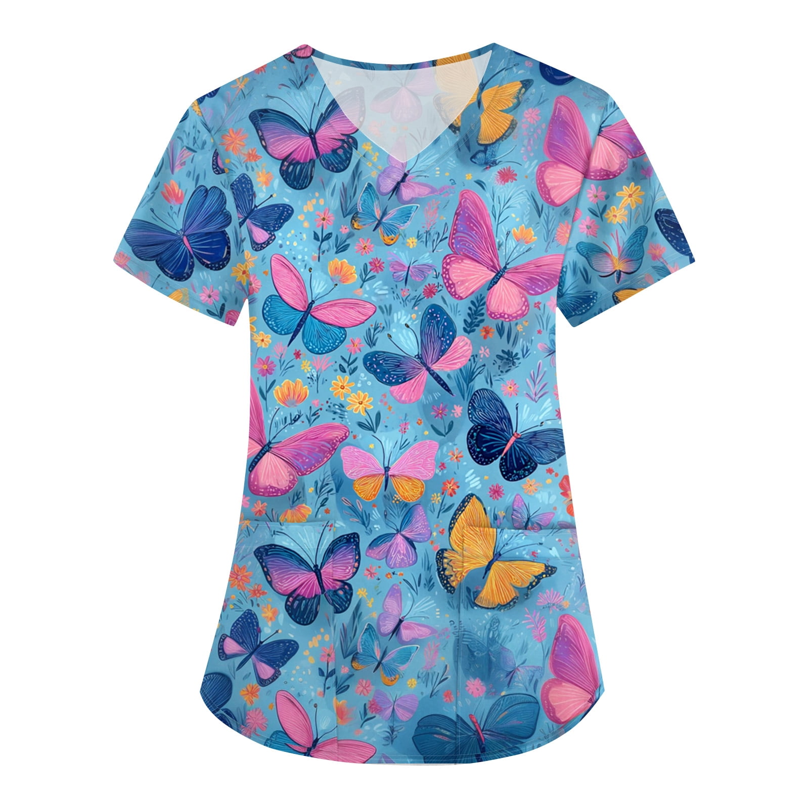Cartoon Print Womens Scrub Tops Printed V Neck Short Sleeve Women Nurse Uniform with Pocket S-5XL Plus Size Scrubs Top for Women