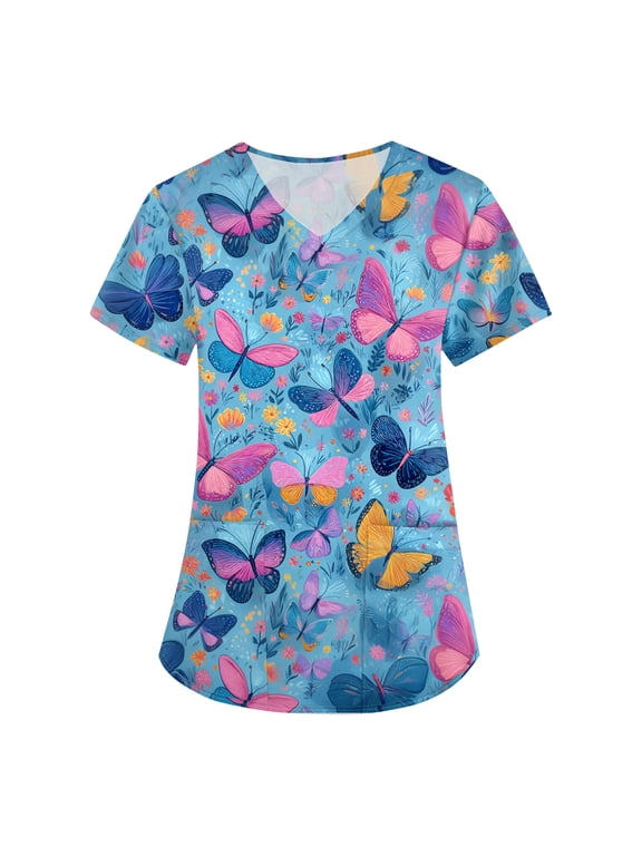 Cartoon Print Womens Scrub Tops Printed V Neck Short Sleeve Women Nurse Uniform with Pocket S-5XL Plus Size Scrubs Top for Women