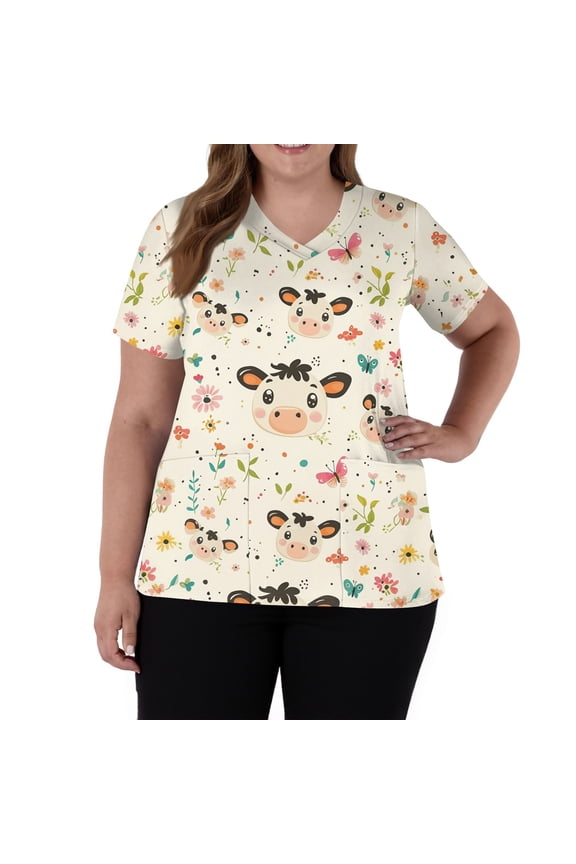 Cartoon Print Womens Scrub Tops Printed V Neck Short Sleeve Women’s Nurse Uniforms with Pocket S-5XL Plus Size Women Scrub Top