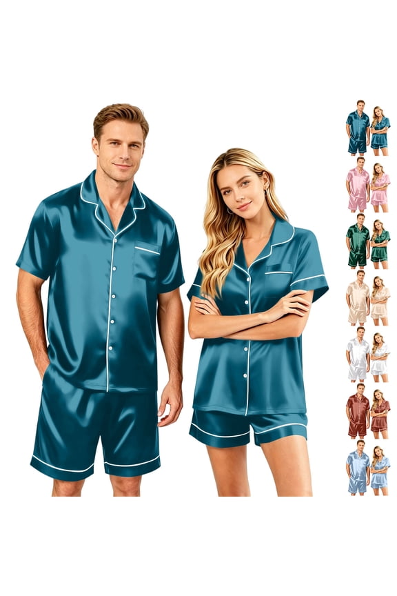 Couple Matching Pajamas Sets Women & Men Short Sleeve Sleepwear Button Down Shirt & Shorts Cute Pjs 2 Piece Loungewear with Pocket Pink S