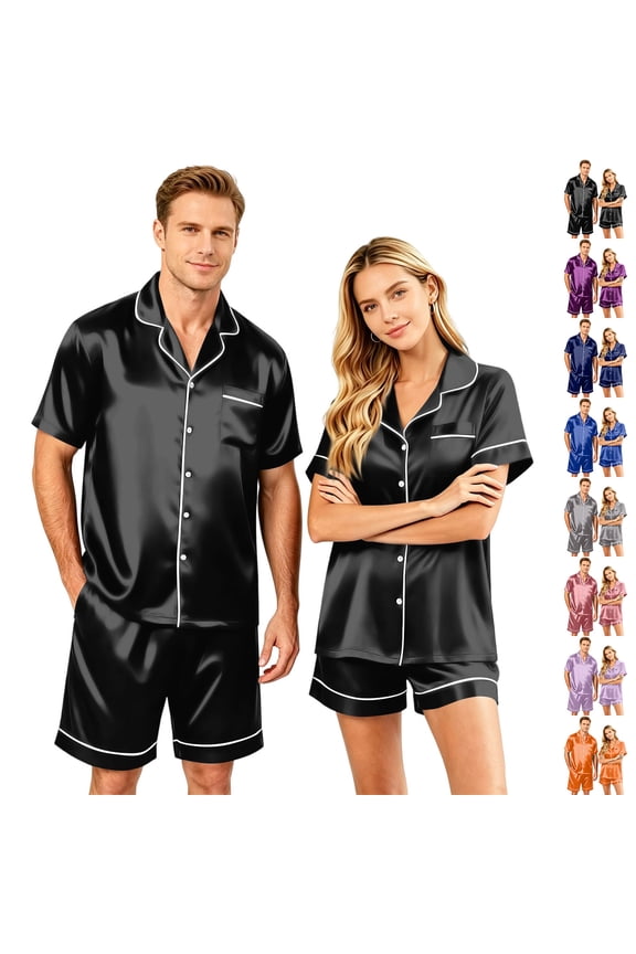 Couples Pajamas Sets Women & Men Satin Short Sleeve Sleepwear Button Down Shirt & Shorts 2 Piece Sleep Set with Pocket Orange L