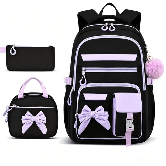 AHMOMEI Cute Bow 3 Pieces Backpack Set, Cute Student Bookbag Lightweight Large Capacity with Lunch Bag & Pencil Case Daily, Picnic, Travel & Outdoor Activities