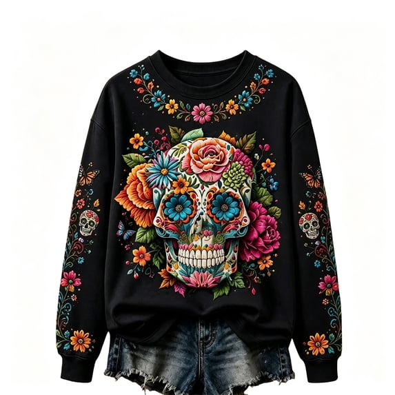 AHMOMEI Day of the Dead Sweatshirt Floral Sugar Skull Graphic Halloween ...