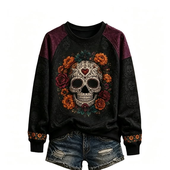 AHMOMEI Day of the Dead Sweatshirt Floral Sugar Skull Printed Halloween ...