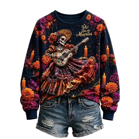 AHMOMEI Day of the Dead Sweatshirt for Women Floral Sugar Skull Print ...