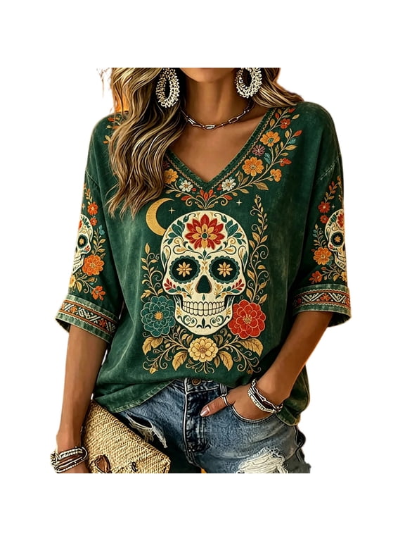 Day of the Dead Womens Shirts Floral Sugar Skull Print Women Halloween Shirt Funny 3/4 Sleeve Mexican Day of Dead Dia De Los Muertos T Shirts for Women