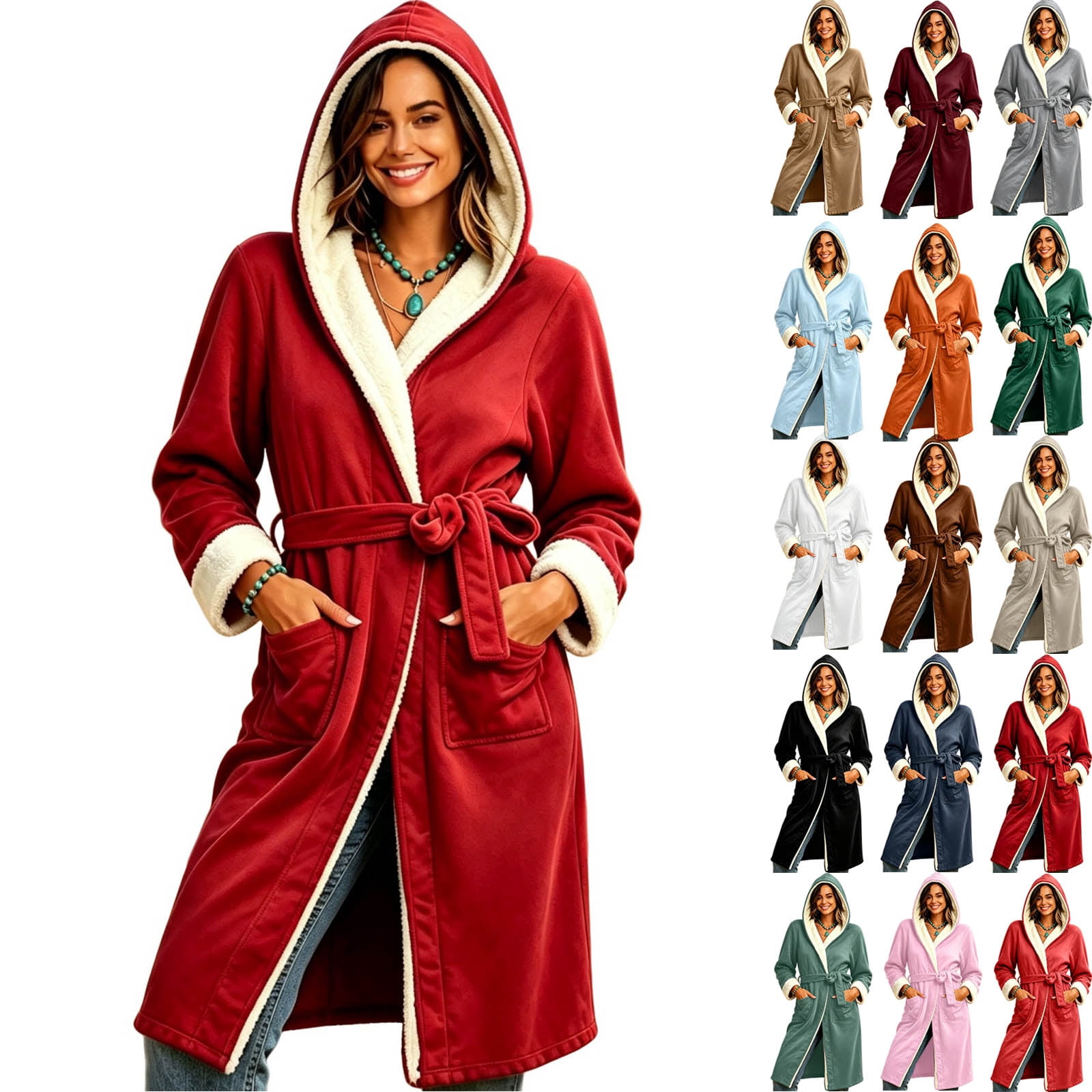 AHMOMEI Fuzzy Robe with Hood for Women Soft Fleece Long Bathrobe with ...