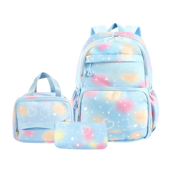AHMOMEI Gradient Heart Print 3 Pieces Backpack Set, Casual Daypack Bundle with Lunch Bag & Pencil Case for Picnic, Weekend Trips & Daily Outdoor Activities Light Blue