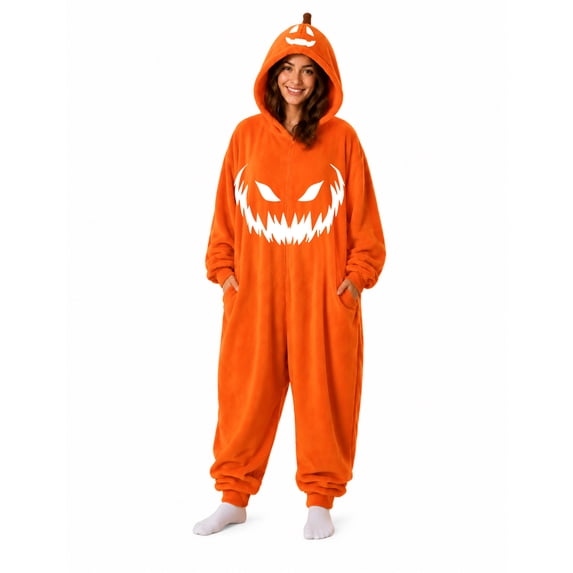 AHMOMEI Halloween Pumpkin Onesie Pajamas Adult Oversized Funny Wearable Plush Pajamas with Hood Soft Orange Loungewear L