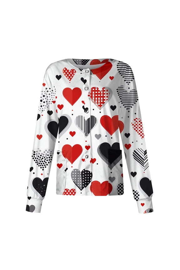 Heart Print Scrub Jackets for Women Warm Up Snap Front Nurse Uniforms with Pocket S-5XL Plus Size Women Scrub Tops