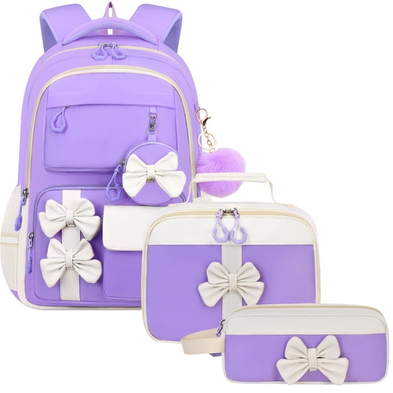 AHMOMEI Large Capacity 3 Pcs Backpack Set, Cute Bow Decor Bookbag with Lunch Bag & Pencil Case for Camping, Trips, Picnic & Daily Casual Activities