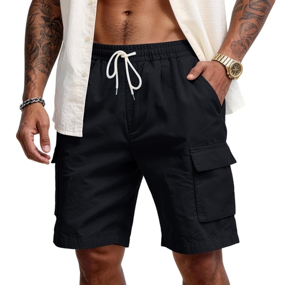 AHMOMEI Linen Cargo Shorts for Men Stretch Elastic Waist Wide Leg Men Beach Shorts Summer Vacation Casual Men's Shorts Black XXXL
