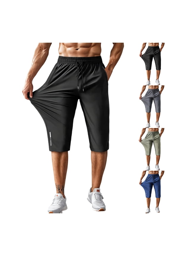 Men's Capri Pants Stretch Quick Dry Hiking Work Summer Long Shorts Below Knee Hiking Pants with Zipper Pockets Black S