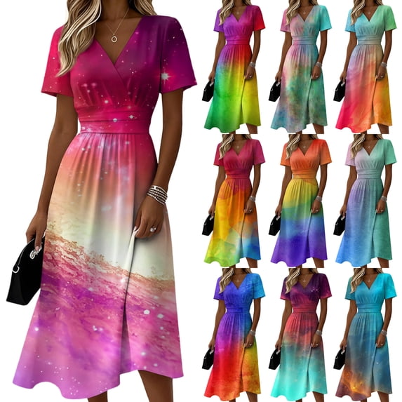 AHMOMEI Midi Dress for Women Summer Beach Vacation Wrap V Neck Swing Dresses for Women Trendy Loose Tie-Dye Short Sleeve Dresses