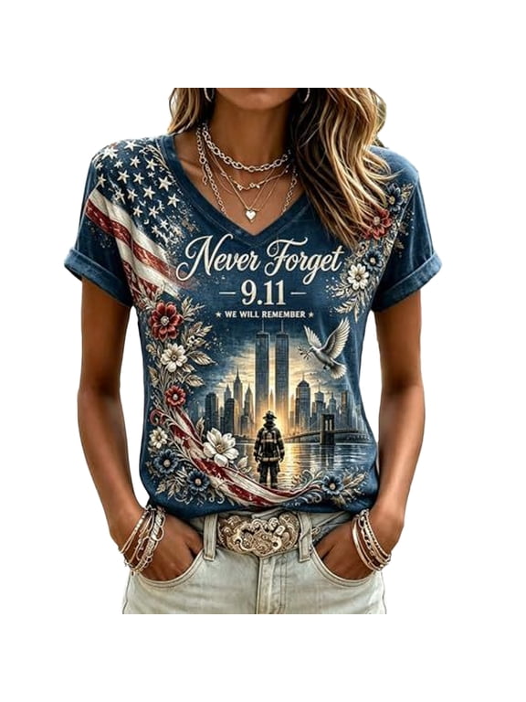 Never Forget 9/11 Shirt Memorial American Flag 9/11 Shirt Patriotic Honor Faith V Neck Womens Short Sleeve Shirtss L