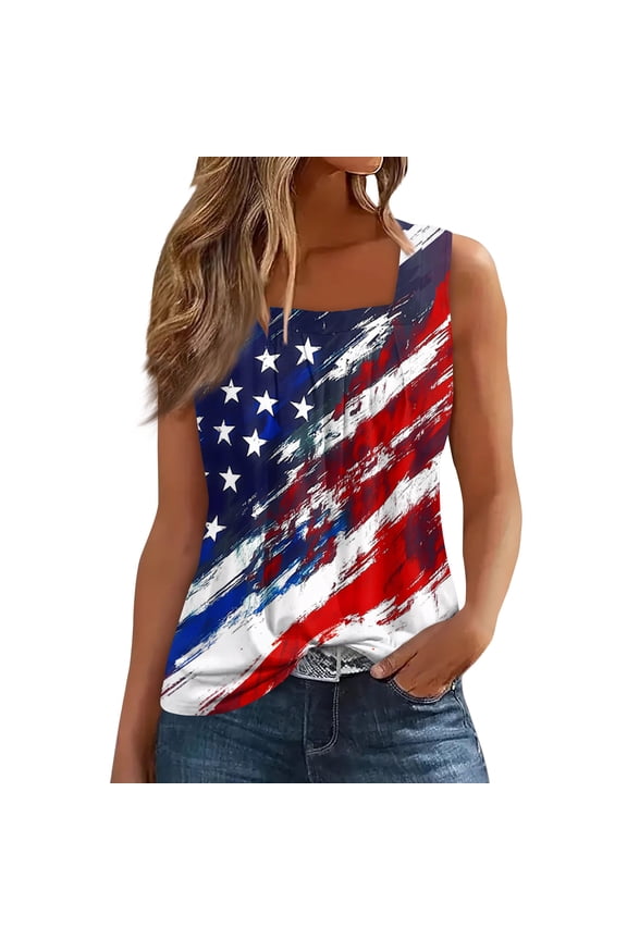 Red White and Blue Tank Tops for Women Square Neck Women’s Sleeveless Shirts Flowy Holiday Tunics Tops for Women