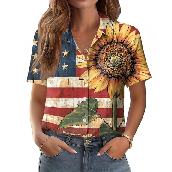 AHMOMEI Red White and Blue Women's Button Down Shirts Short Sleeve Spring Blouses for Women with Pocket