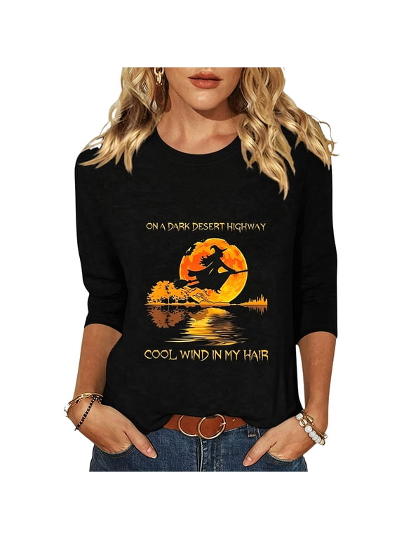 S-5XL Halloween T Shirts for Women on a Dark Desert Highway Full Moon Witch Printed 3/4 Sleeve Tops for Women Funny Vintage Fall Outfits Spooky Season Festival Women's Graphic Tees
