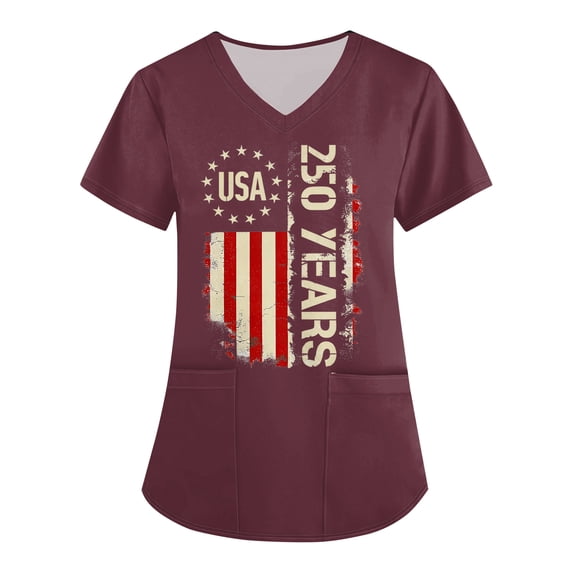 AHMOMEI S-5XL Plus Size 250 Anniversary USA Women's Scrub Tops Stars Stripes Women’s Nurse Uniforms with Pocket Red M