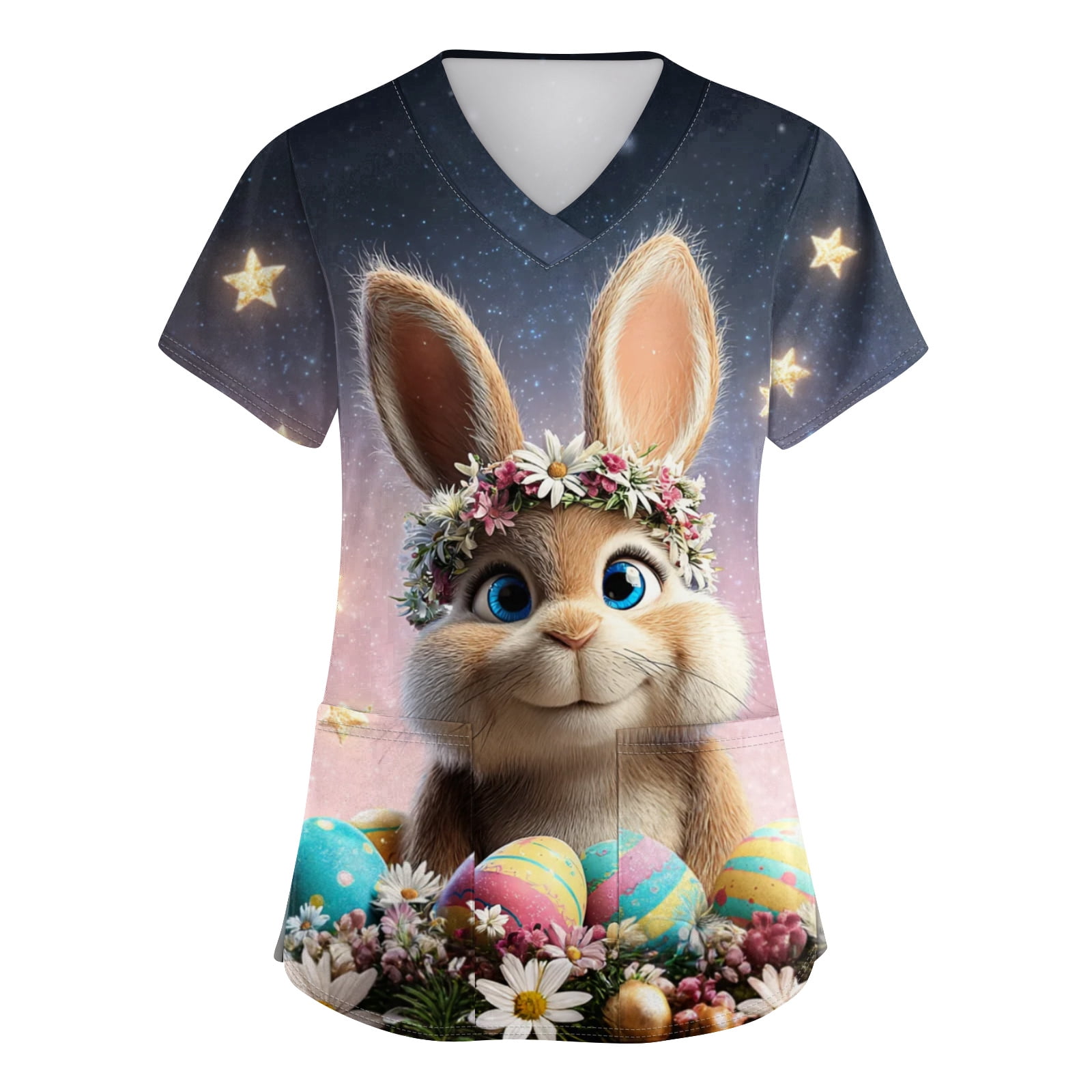 AHMOMEI S-5XL Plus Size Easter Top Scrubs for Women Cute Rabbit Bunny ...