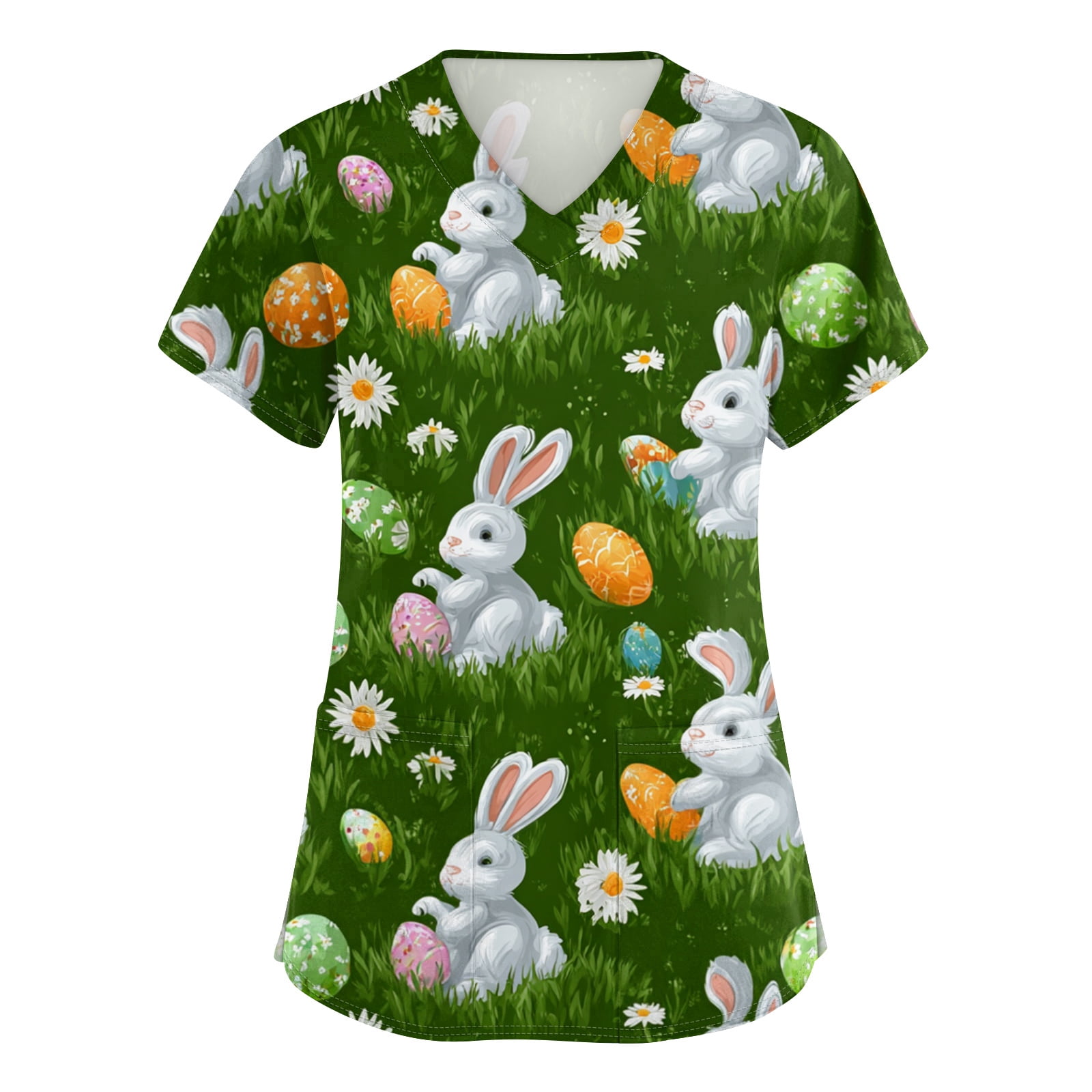 AHMOMEI S-5XL Plus Size Easter Women Scrub Tops Cute Rabbit Bunny Nurse ...