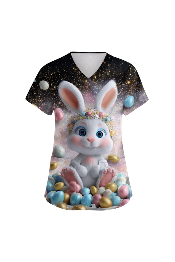 S-5XL Plus Size Easter Women Scrub Tops Funny Egg Graphic Nurse Uniforms with Pocket V Neck Short Sleeve Scrub Tops