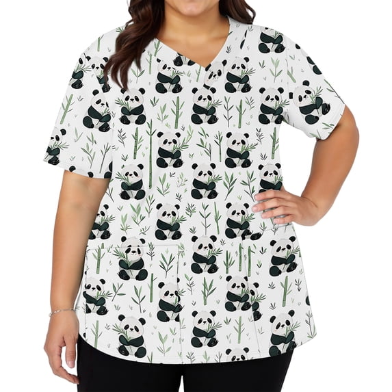 AHMOMEI S-5XL Plus Size Scrubs for Women Workwear Stretchy Cartoon Animal Print Nurse Uniforms with Pocket V Neck Short Sleeve Womens Scrubs