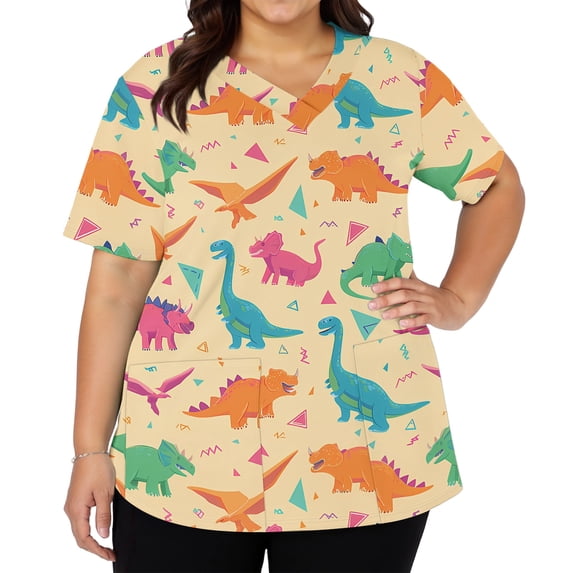 AHMOMEI S-5XL Plus Size Women Scrub Tops Stretchy Cartoon Animal Print Women Nurse Uniform with Pocket V Neck Short Sleeve Scrub Tops