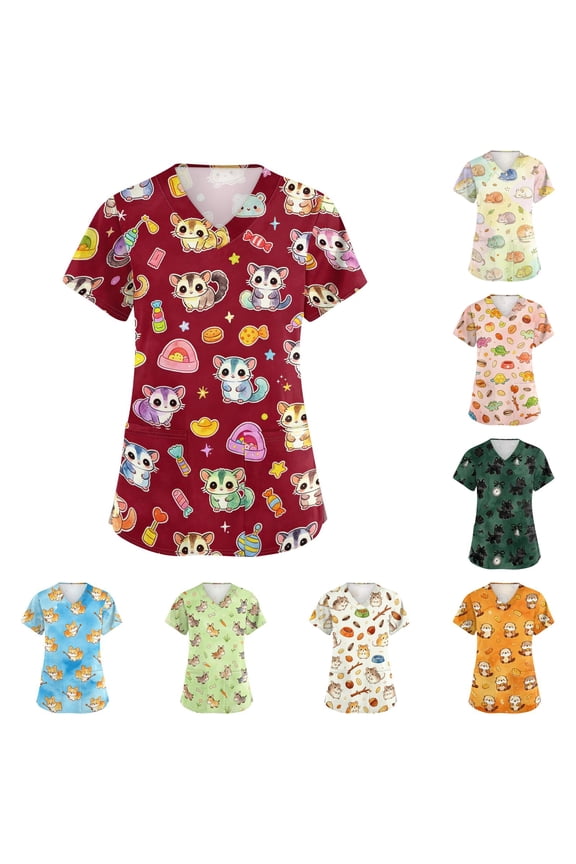 S-5XL Plus Size Women's Scrub Tops Stretchy Cartoon Animal Print Nurse Uniform with Pocket V Neck Short Sleeve Womens Scrubs