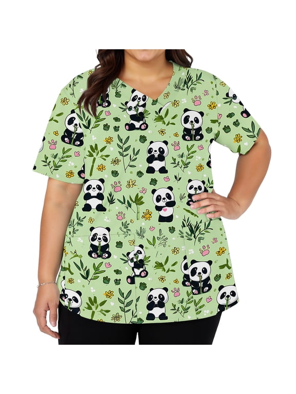 Stretchy Cartoon Animal Print Scrub Shirt V Neck Short Sleeve Scrubs for Women S-5XL Plus Size Nurse Uniform with Pocket