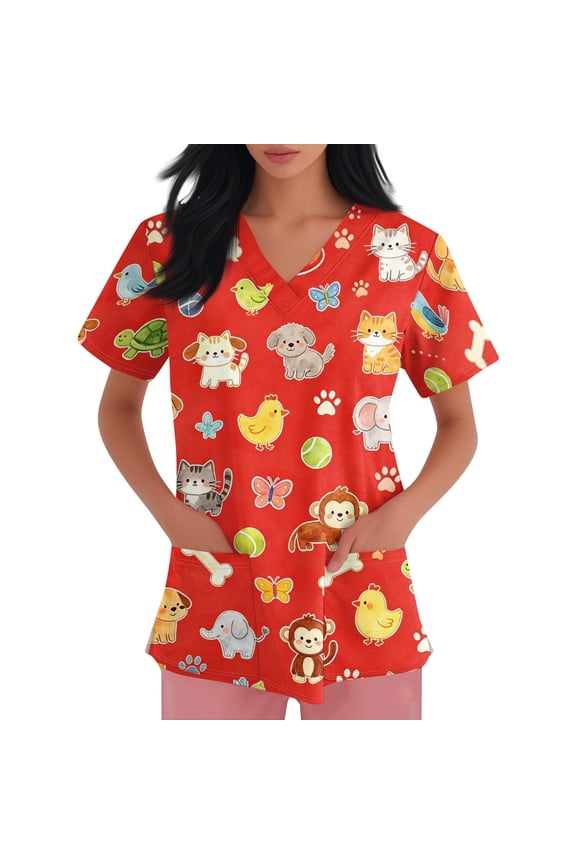 Stretchy Cartoon Animal Print Scrub Shirt V Neck Short Sleeve Under Scrubs for Women S-5XL Plus Size Women’s Nurse Uniforms with Pocket
