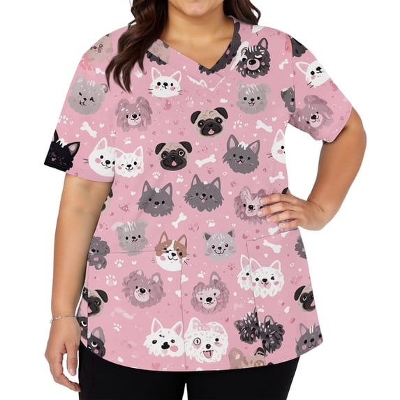 AHMOMEI Stretchy Cartoon Animal Print Womens Scrubs V Neck Short Sleeve Womens Scrub Tops S-5XL Plus Size Nurses Working Uniforms with Pocket