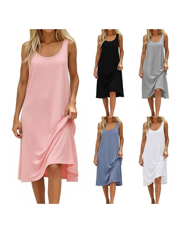 Summer Dresses for Women Loose Casual Sleeveless Tank Dress Solid Color Crewneck House Dresses Beach Sundresses Light Gray M