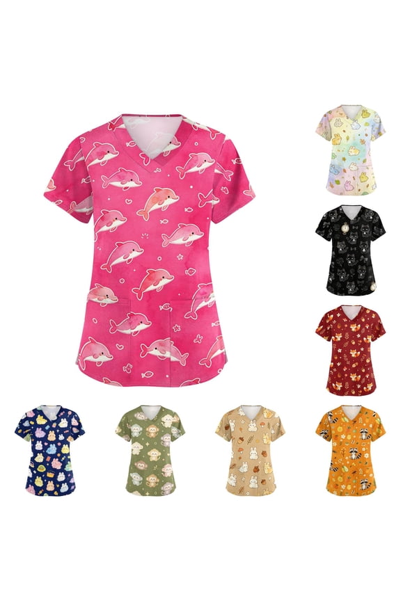 Women Scrubs Top Stretchy Cartoon Animal Print Scrub Shirt V Neck Short Sleeve S-5XL Plus Size Women Nurse Uniform with Pocket