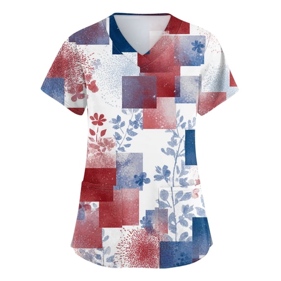 AHMOMEI Women's 250th Anniversary Print Shirt Scrub Tops Women Red White and Blue Nurse Working Uniforms with Pocket S-5XL Plus Size Scrubs Tops for Women