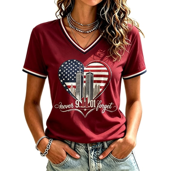 AHMOMEI Women's 911 Memorial Shirts 25th Anniversary American Flag Print We Will Never Forget 911 Shirt Vintage Courage Patriotic Hope 9 11 Memorial Shirt S