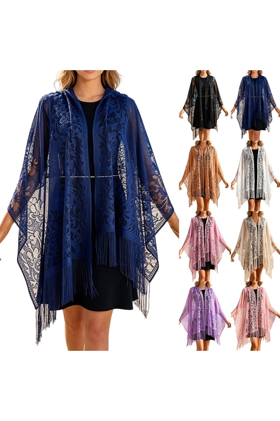 Women’s Floral Lace Tassel Shawl Wrap, Sheer Open Front Fringed Cover Up, Lightweight Scarf for Evening Dresses Wedding Bridesmaid Party (Black)