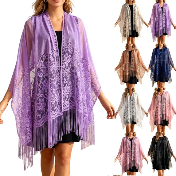 AHMOMEI Women’s Floral Lace Tassel Shawl Wrap, Sheer Open Front Fringed Cover Up, Lightweight Scarf for Evening Dresses Wedding Bridesmaid Party (Dark Blue)