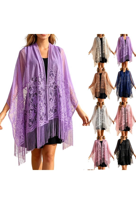 Women’s Floral Lace Tassel Shawl Wrap, Sheer Open Front Fringed Cover Up, Lightweight Scarf for Evening Dresses Wedding Bridesmaid Party (Light pink)