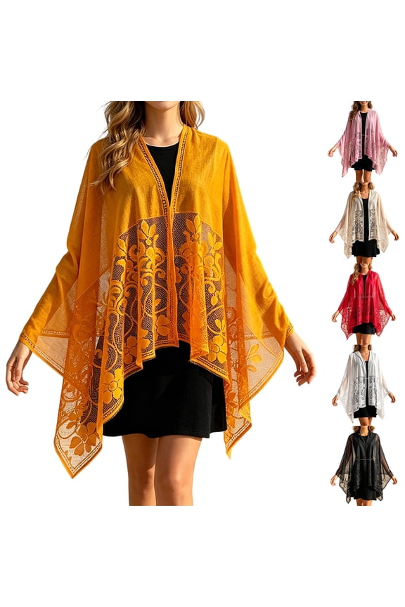 Women’s Lace Floral Open Front Kimono Cardigan, Lightweight Sheer Embroidered Cover Up, Casual Summer Beach Shawl (Beige)
