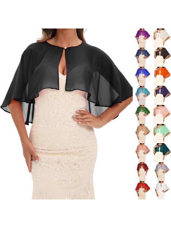 Women’s Sheer Chiffon Capelet Shrug, Open Front Pearl Clasp Cover Up, Lightweight Solid Color Wrap for Evening Dresses Wedding Party (Red)