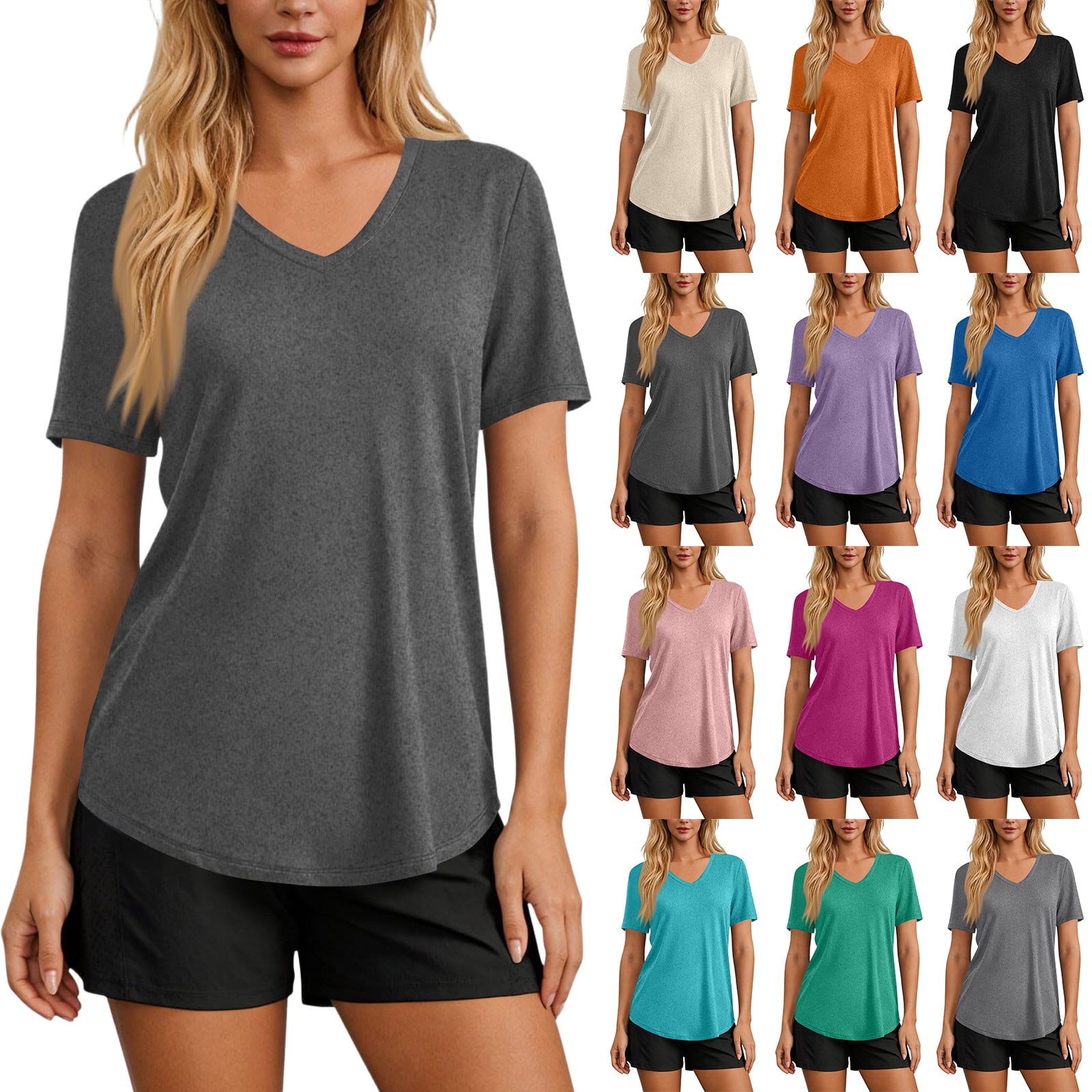 AHMOMEI Womens Short Sleeve Blouses Summer Basic V Neck Cotton T Shirts ...