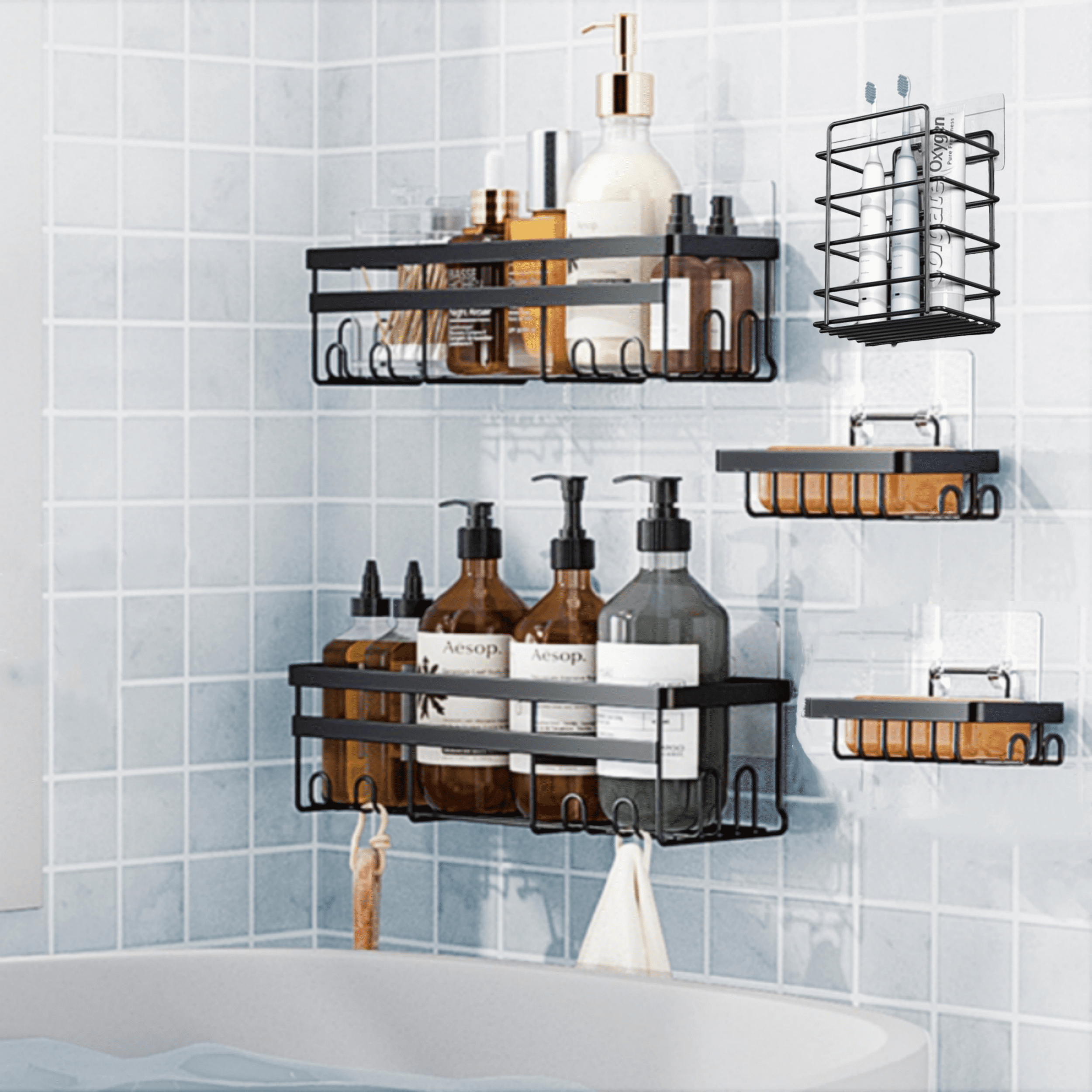 AHOXE Adhesive Shower Caddy, 5 Pack Rustproof Stainless Steel Bath Organizers With Large ...