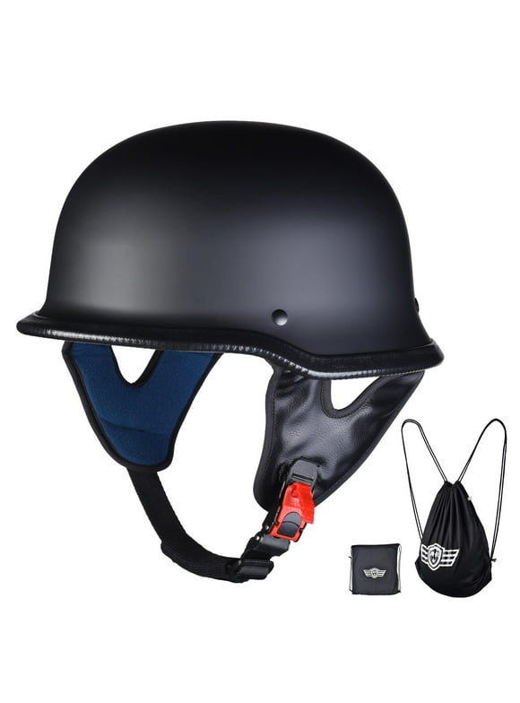AHR RUN-G DOT German Style Motorcycle Half Helmet Half Face Cruiser Chopper Biker Skull Cap Helmet Black L