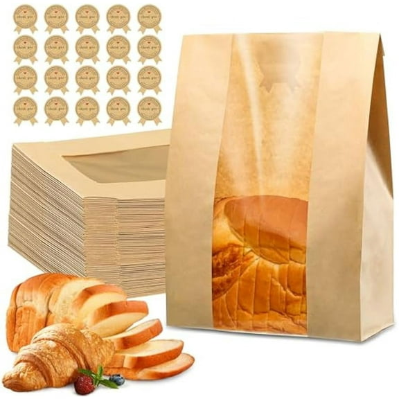 AHRL 50 Pcs Bread Bags for Homemade Bread, Sourdough Paper With Window, 50% Thicker 13.7x8.2x3.7in A Large Bakery Bags Used for Storage Cookies & Snacks, 60 Cute Sealing Stickers With Ties
