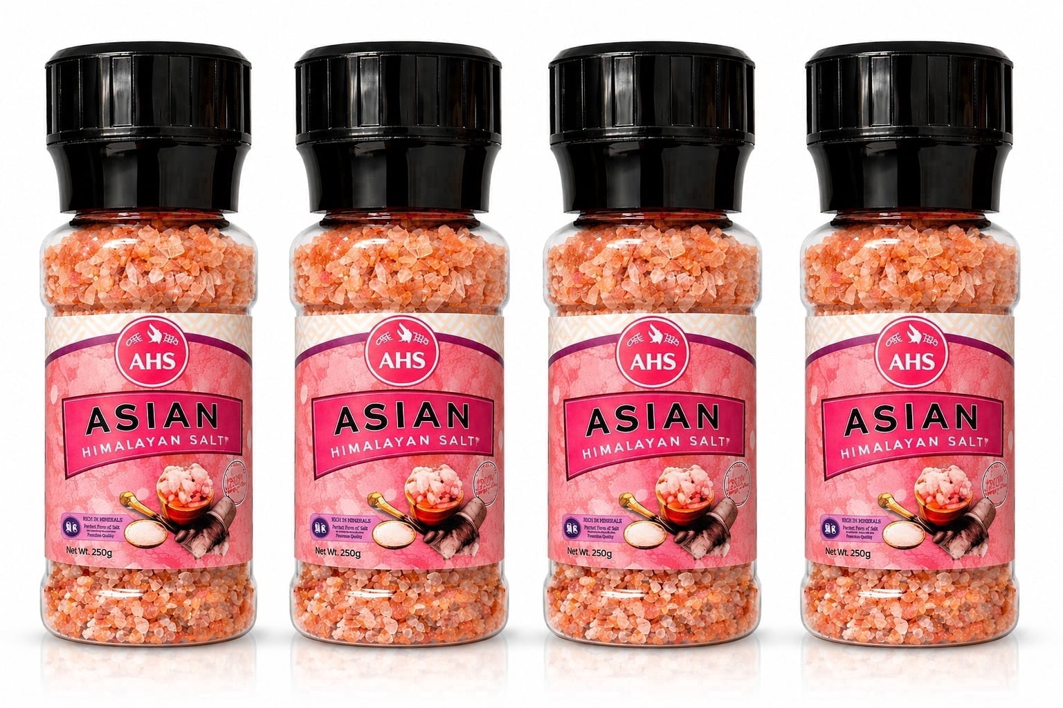 AHS Himalayan Pink Salt Grinder, Coarse Grain Pink Salt Crystals, Natural Pure Food Grade Himalayan Salt, Mineral Rich Seasoning for Cooking & Kitchen Use, 250g Bottle (Pack of 4)