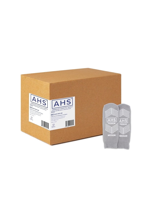 AHS Premium Hospital Socks with Grippy Anti-Slip Tread | Gray Medium Double Tread Socks | Safety, Soft Polyester Socks | Gripper Socks Case of 210 Pairs